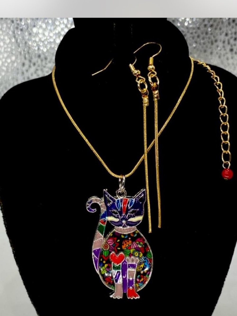 Bosnsy *** Ceramic “ Purrrrr””” Pendant Necklace / Earrings Gold / Multicolor